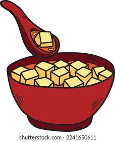 Hand Drawn tofu soup Chinese and Japanese food illustration isolated on background