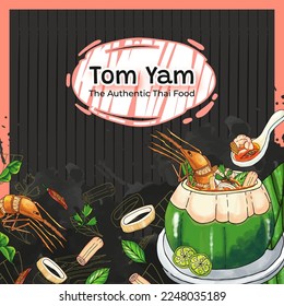 Hand Drawn Tom Yam The Authentic Thai Food Background