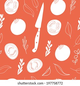 Hand drawn tomato background. Seamless vector pattern with cartoon tomatoes and herbs