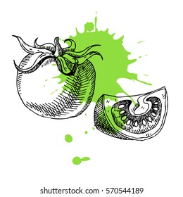 Hand drawn tomato. Can be used for vegan products, brochures, banner, restaurant menu, farmers market and organic food store
