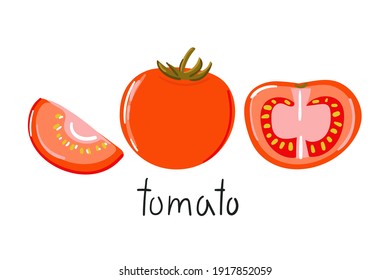 Tomate dibujado a mano, medio, rebanada. Ilustración plana moderna.