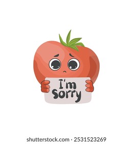 hand drawn tomato holding a sheet of paper with a word i'm sorry