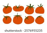 Hand Drawn Tomato Icon Set with Rustic Style. A collection of hand-drawn tomato illustrations with vibrant red tones and green stems, perfect for food-related projects and rustic designs