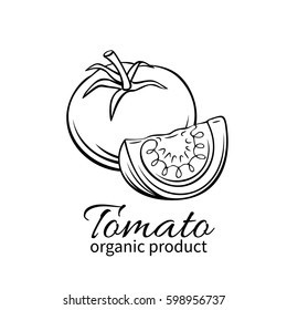 Hand drawn tomato icon. Vector badge vegetable in the old ink style for brochures, banner, restaurant menu and market