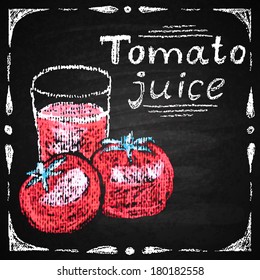 Hand drawn tomato, tomato juice. Chalk on board. Vector illustration.