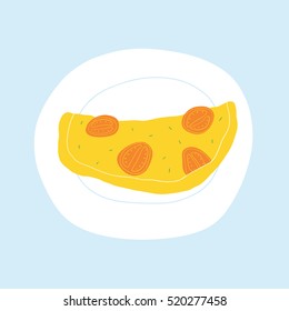 Hand drawn tomato omelet vector illustration. Stylized kitchen breakfast illustration. Cartoon omelette on the plate 