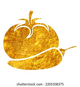 Hand drawn Tomato and pepper icon in gold foil texture vector illustration
