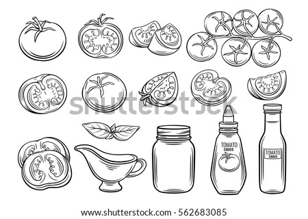 Hand drawn tomato and sauce icons set including whole tomato, sliced tomato, cherry tomatoes, ketchup bottle and jar. Vintage ink style elements for Italian restaurant menu, pasta sauce packaging, organic label and gourmet branding. Vector illustration.