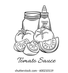 Hand drawn tomato sauce, ketchup in glass jar with vegetable. Vector illustration for restaurant menu, label