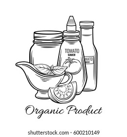 Hand drawn tomato sauce, ketchup in glass jar with vegetable. Vector illustration for restaurant menu, label