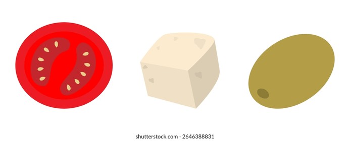 Hand drawn Tomato Slice with seeds cheese cube and green olive Healthy Eating Salad ingredients Set