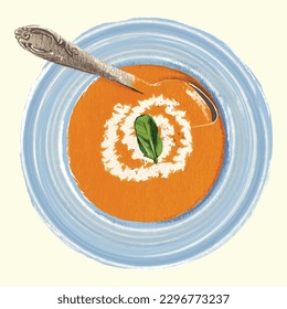 Hand gezeichnete Tomatensuppe mit Löffel einzeln. Farb-Bleistift Tomatensuppe mit Löffel auf blauem Teller.