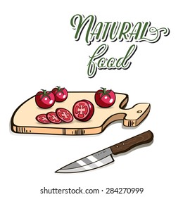 Hand drawn tomatoes on the cutting board and knife. Vector illustration