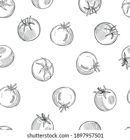 Hand drawn tomatoes on white background. Vector seamless pattern.