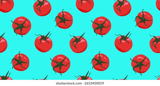 Tomates desenhados à mão com a ilustração de vetor de padrão sem emenda de caule. Espalhados vegetais maduros desenhando ornamento repetido. Design para têxtil, tecido, fundo, embalagem.