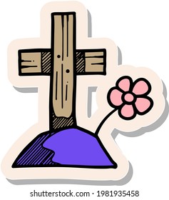 Hand drawn tomb stone icon in sticker style vector illustration