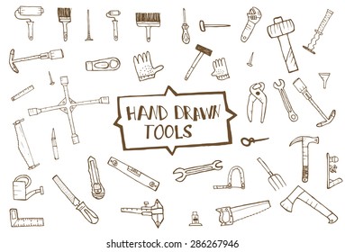 Hand drawn tool icons set, isolated. Vector illustration