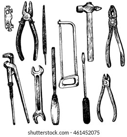 hand drawn tool kit isolated at white background, screwdriver, saw and pliers, hummer and wrench, vintage ink drawing vector illustration