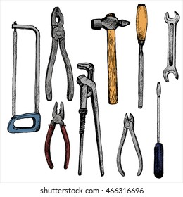 hand drawn tool kit isolated at white background, screwdriver, saw and pliers, hummer and wrench, vintage ink drawing vector illustration