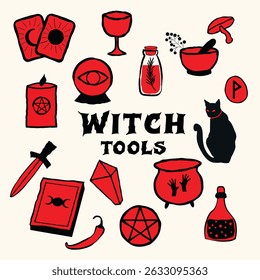 Hand drawn tools kit for witches: book, candle, potions, crystals, pot, cauldron, cat, athame, pentacle, tarot cards