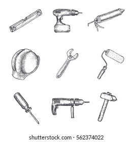 Hand drawn tools set. Vector illustration.