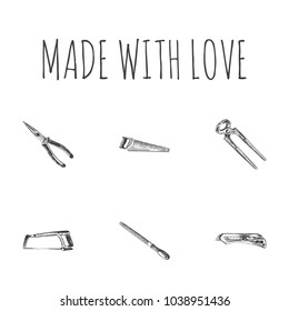 Hand drawn tools sketches set. Collection of tongs, chisel, handsaw sketch elements.