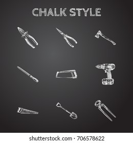 Hand Drawn Tools Sketches Set. Collection Of Nippers, Handsaw, Hatchet Sketch Elements.