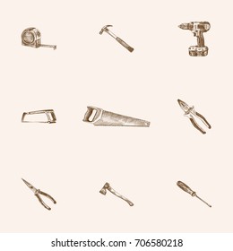 Hand Drawn Tools Sketches Set. Collection Of Tool, Blade, Hatchet And Other Sketch Elements.