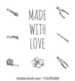 Hand Drawn Tools Sketches Set. Collection Of Utility, Cutting, Wrench And Other Sketch Elements.