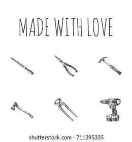 Hand Drawn Tools Sketches Set. Collection Of Chisel, Tool, Hatchet And Other Sketch Elements.