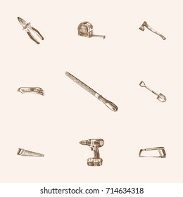 Hand Drawn Tools Sketches Set. Collection Of Nippers, Electric Screwdriver, Chisel And Other Sketch Elements.