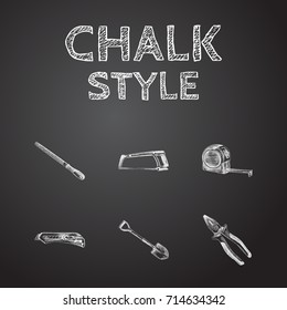 Hand Drawn Tools Sketches Set. Collection Of Chisel, Handsaw, Roll Meter Sketch Elements.
