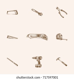 Hand Drawn Tools Sketches Set. Collection Of Tool, Wrench, Cutting And Other Sketch Elements.