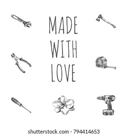 Hand Drawn Tools Sketches Set. Collection Of Turn-Screw, Hatchet, Cutting And Other Sketch Elements.