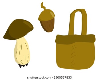 Hand drawn toon (cartoon) styled objects (set) isolated on white background (backdrop): mushroom, acorn, basket. Food. Object. Vector illustration.