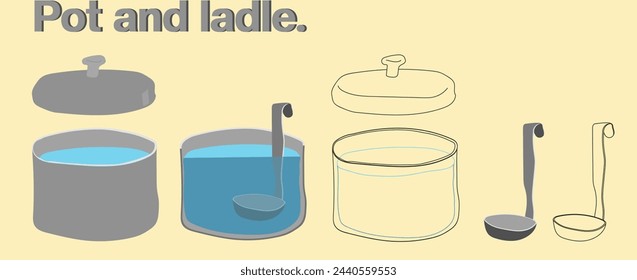 Hand drawn toon styled cooking pot and ladle set: for every object fill, stroke and special for pot - cross section. Ochre backdrop. Isolated. Shades of grey and blue colors. Vector illustration.