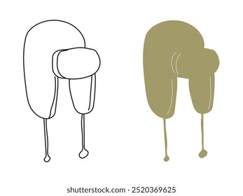 Hand drawn toon styled (doodle maybe) cap in two versions: outline (linear) and colored silhouette (with few stripes). beauty, fashion, clothes, wear. Lifestyle. Object. Vector illustration.