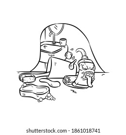 Dibujo manual del monstruo del cepillo dental en la ilustración del vector del baño 