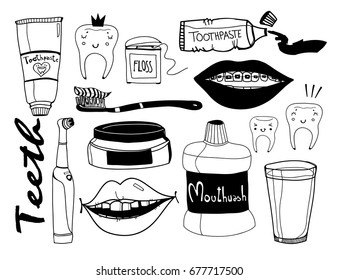 Hand drawn tooth care elements. Graphic vector set. All elements are isolated