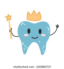 Hand drawn tooth fairy with crown and star magic wand in cartoon flat style. Vector illustration of kawaii tooth character for stickers, web design, kid poster, postcard, fabric print.