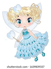 Hand drawn  tooth fairy with magic wand and a tooth. Beautiful cute haired girl. Cartoon character. Template for design cards, notebook, shop, poster. The little girl.