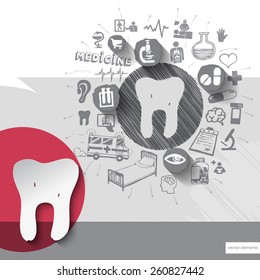 Hand drawn tooth icons with icons background. Vector illustration