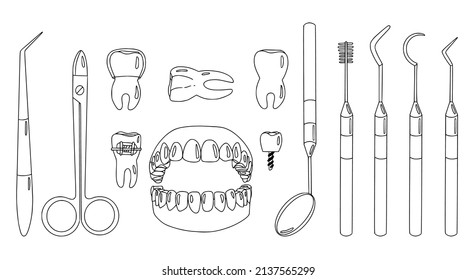 Hand drawn tooth, implant and dental tools set in black color isolated on white background. Realistic teeth with professional dentist equipment for dentistry inspection. Stock vector illustration