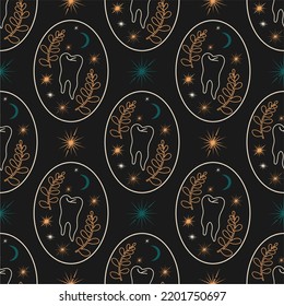 Hand drawn tooth and rtenium, seamless pattern. Golden teeth on black background repeat vector design. Retro vintage dark boho style.