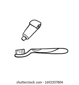 hand drawn toothbrush and toothpaste illustration with doodle style vector