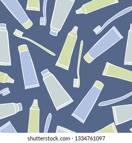 Hand drawn toothbrush and tube of toothpaste.  Vector  seamless pattern