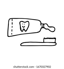 Hand drawn toothpaste and brush for bathroom or travel. Doodle vector illustration.