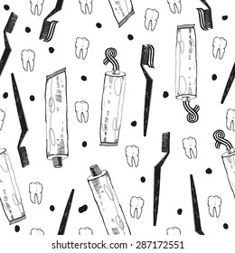 hand drawn toothpaste, toothbrush and tooth seamless pattern