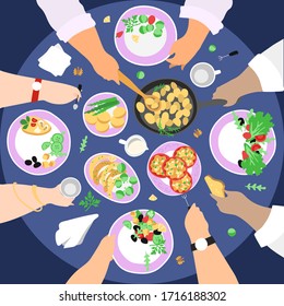 Hand drawn top view illustration of a festive table at which friends, family dine - vegans, eat and talk. Appetizing detailed traced delicacies. Great typography for poster, banner card or restaurant