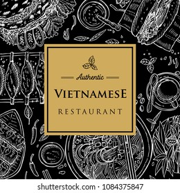 Hand drawn top view traditional Vietnamese food, Vector Illustration